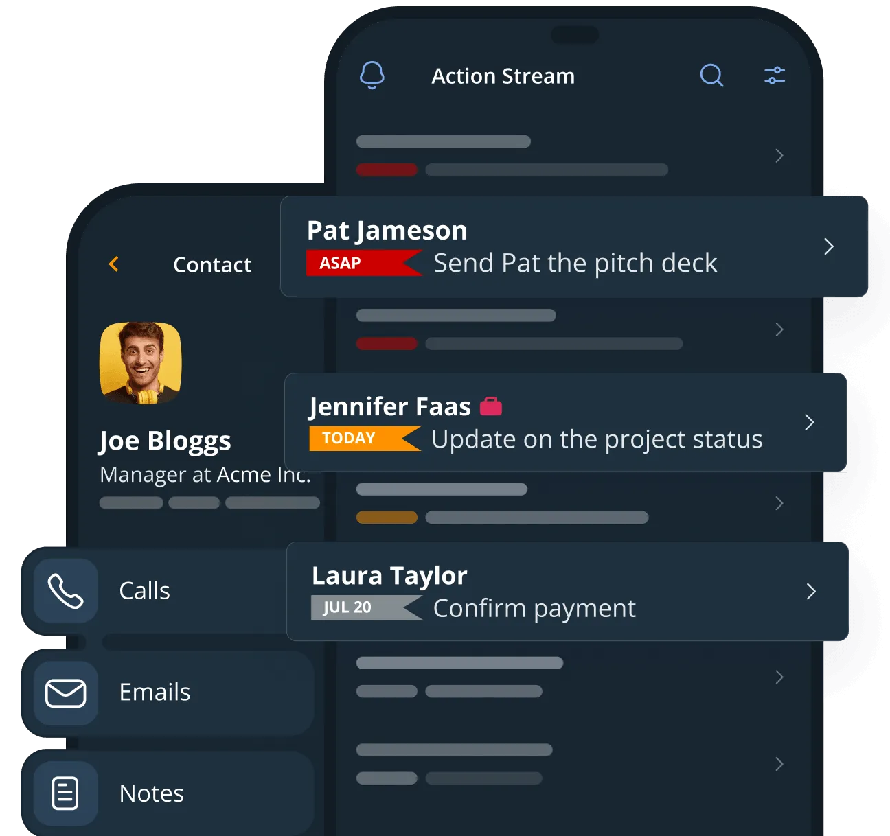 The Action Stream: seven contacts, each with its next follow-up and a colored flag saying when it is due