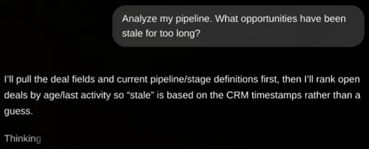 An AI assistant asked which pipeline opportunities have gone stale, answering that it will read the deal fields and stage definitions first and rank open deals by age so that stale is based on the CRM's own timestamps