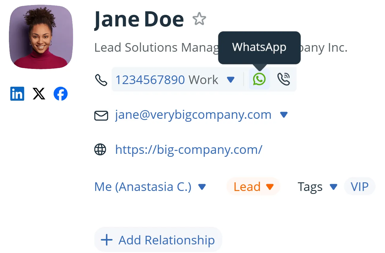 A contact record in OnePageCRM, with the WhatsApp and call buttons beside the phone number