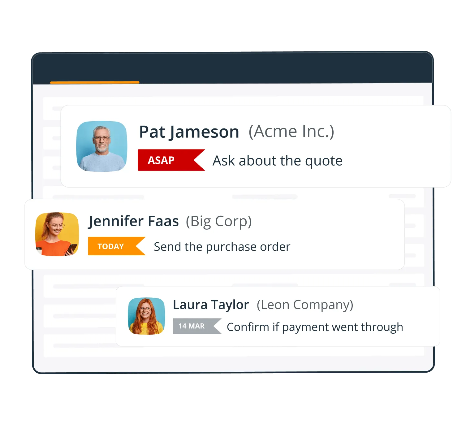 The OnePageCRM Action Stream, three contacts each with a dated follow-up flag beside their next action