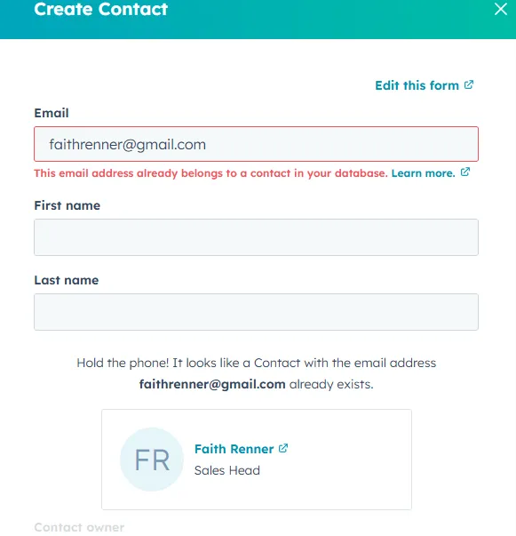 hubspot crm duplicate alert