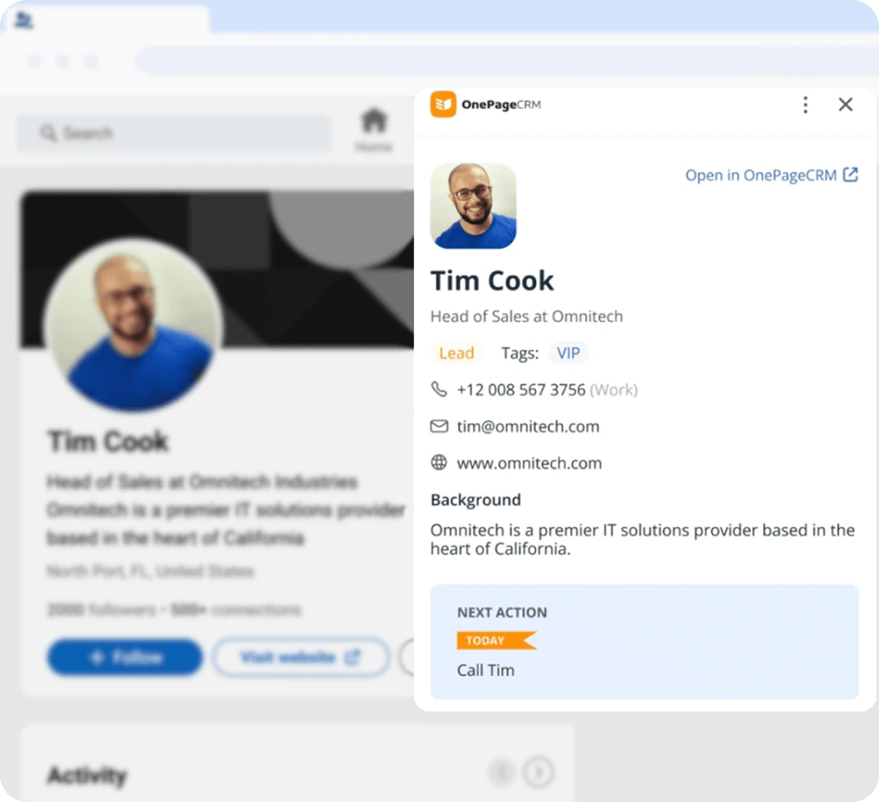 The Lead Clipper browser extension open over a profile page, with the name, job title, company, phone, and email already filled in ready to save.