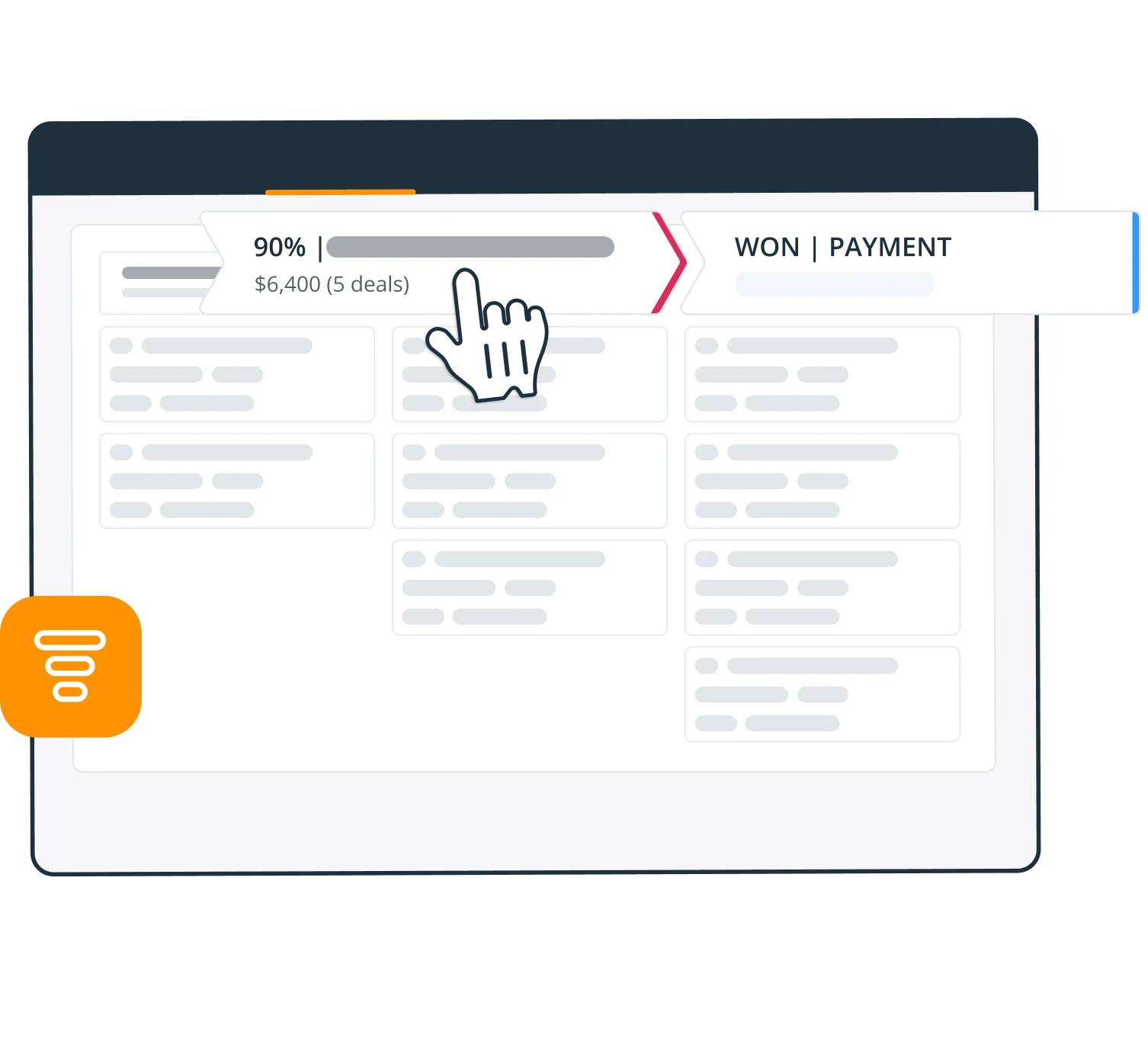 The Pipeline board with deal cards in columns, one stage marked 90 percent and holding $6,400 across five deals, and a hand cursor dragging a deal into a stage named Won | Payment.