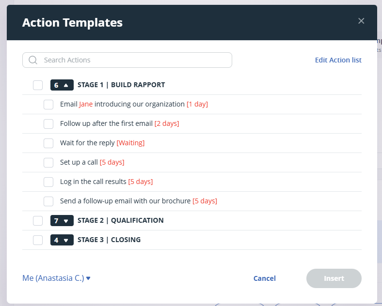 action templates for three sales activities