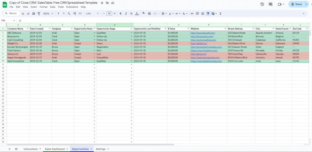 free CRM in Excel and Google Sheets