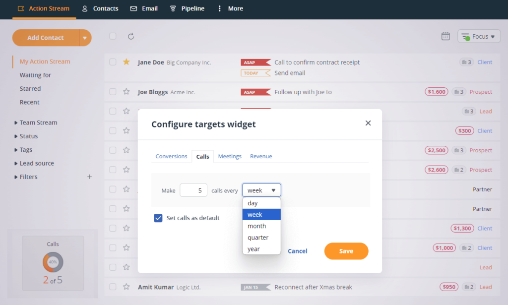 sales targets widget for goals tracking