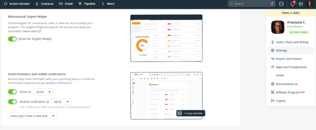 sales targets widget for goals tracking