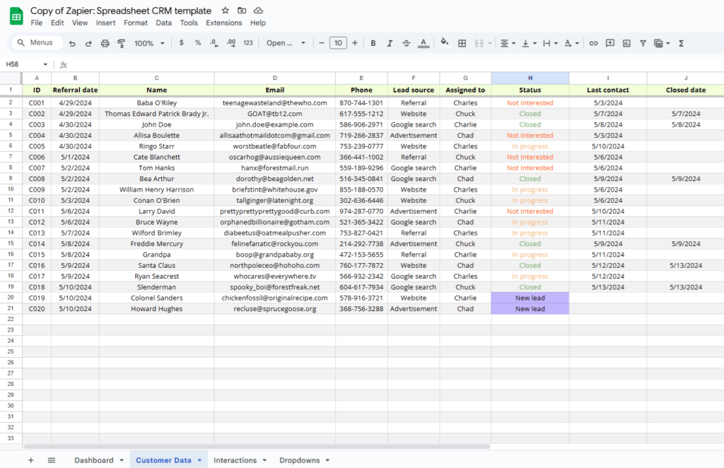 crm spreadsheet template